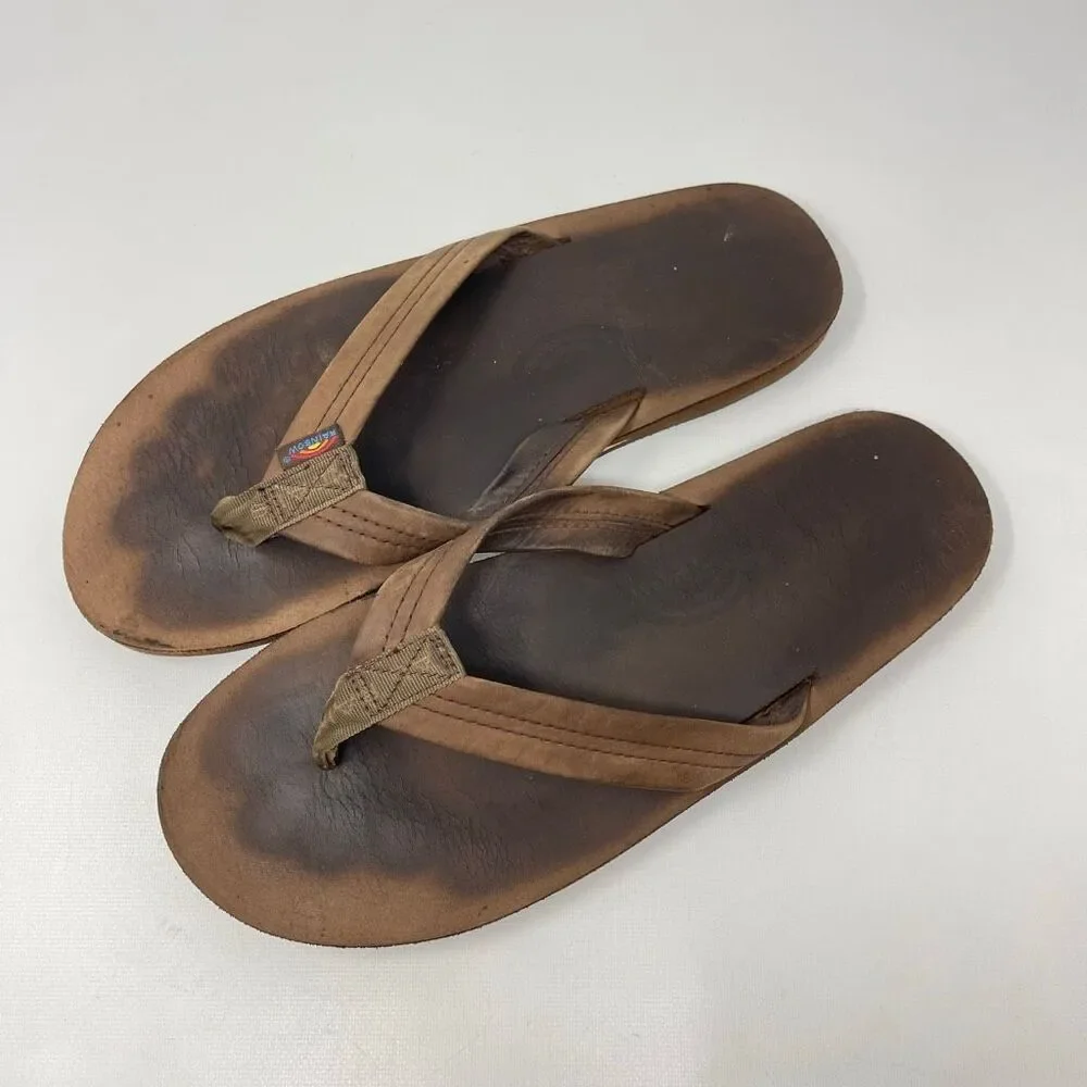 Rainbow Brown Leather Sandals Flip Flops Men’s Size XL 11-12 Preowned